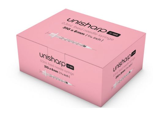 TERUMO UNISHARP SYRINGE / 0.3ML 31G X 8MM NEEDLE / PINK / BOX OF 100