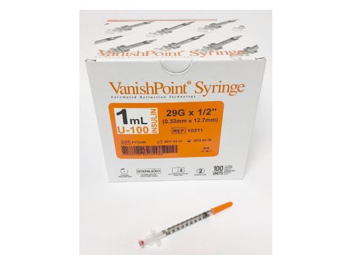 VANISHPOINT INSULIN SYRINGE & NEEDLE SAFETY / 1ML U-100 INSULIN / 29G X 1/2 IN / BOX OF 100