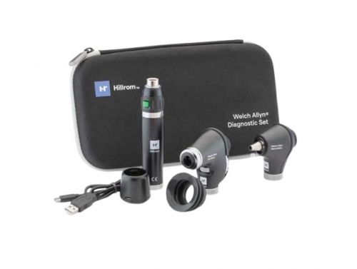 WELCH ALLYN PORTABLE DIAGNOSTIC SET /PANOPTIC BASIC LED OPHTHALMOSCOPE / MACROVIEW BASIC LED OTOSCOPE / LI-ION BASIC HANDLE USB AND HARD CASE