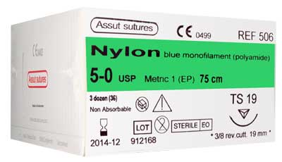ASSUT NYLON 3/8 CIRCLE SUTURES / 19MM / 5-0 / 75CM / RC / BOX OF 36 photo