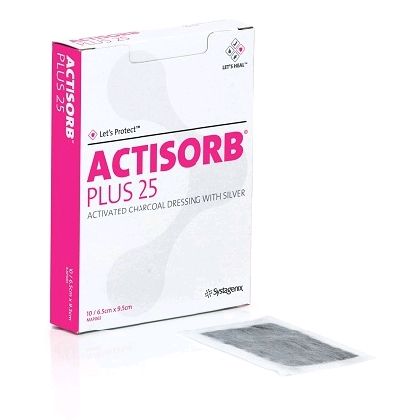 ACTISORB PLUS 25 CHARCOAL WITH SILVER DRESSING / 6.5CM X 9.5CM / BOX OF 10 photo