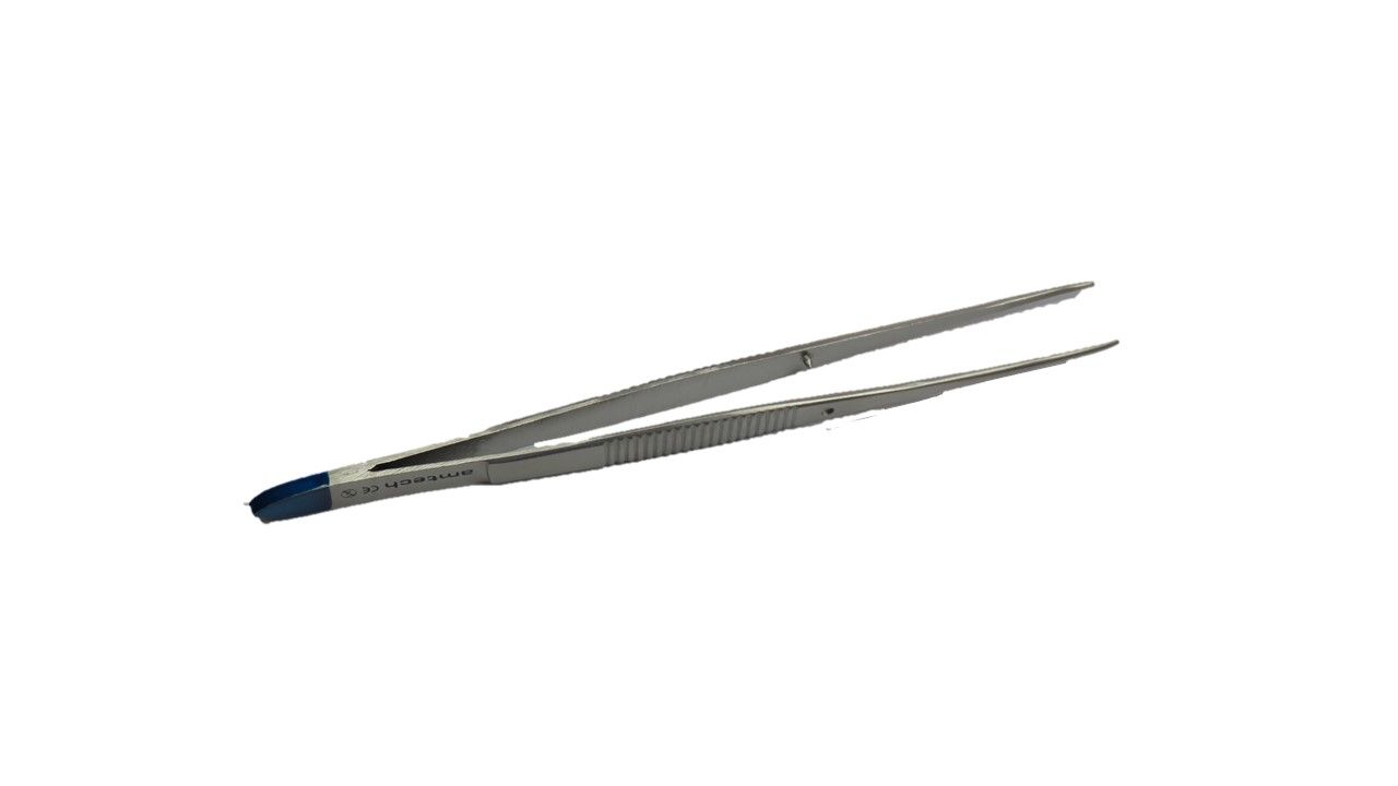 AMTECH PLAIN FINE TIP MICRO FORCEPS / NON TOOTHED BLUE END / STERILE / 13CM photo