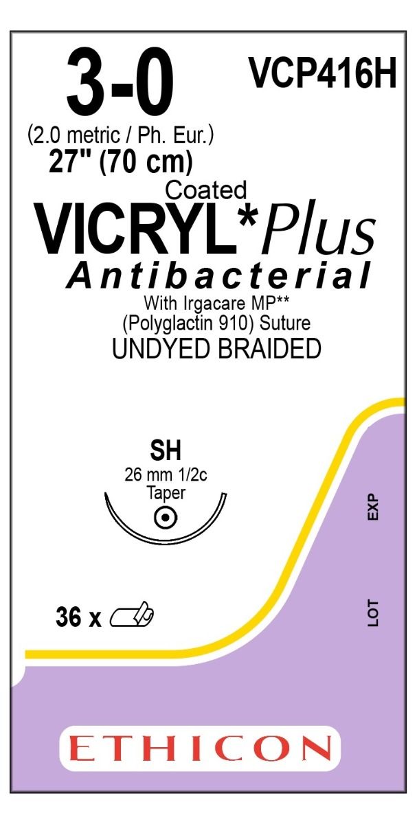 ETHICON COATED VICRYL® (POLYGLACTIN 910) SUTURE  / 3-0 / 26MM / 70CM / 1/2 CIRCLE TAPER / BOX OF 36 photo