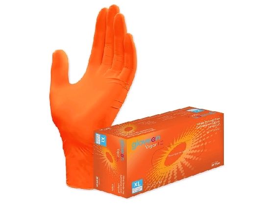 GLOVEON VIGOR NITRILE EXAM GLOVES  / ORANGE / LONG CUFF / X-LARGE / BOX OF 100 photo