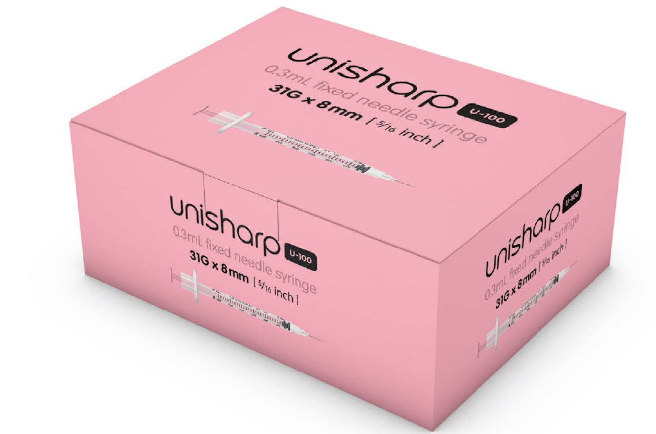 TERUMO UNISHARP SYRINGE / 0.3ML 31G X 8MM NEEDLE / PINK / BOX OF 100 photo