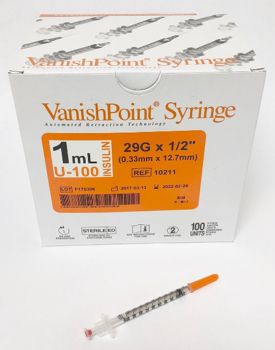 VANISHPOINT INSULIN SYRINGE & NEEDLE SAFETY / 1ML U-100 INSULIN / 29G X 1/2 IN / BOX OF 100 photo