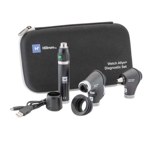 WELCH ALLYN PORTABLE DIAGNOSTIC SET /PANOPTIC BASIC LED OPHTHALMOSCOPE / MACROVIEW BASIC LED OTOSCOPE / LI-ION BASIC HANDLE USB AND HARD CASE photo