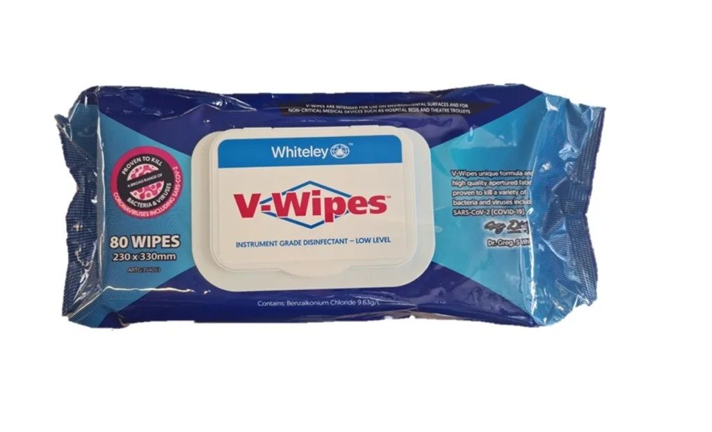 WHITELEY V-WIPE HOSPITAL GRADE DISINFECTANT WIPES / 230MM X 330MM / 80 WIPES photo