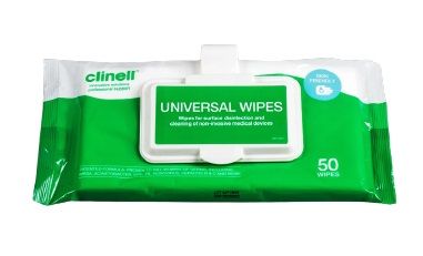CLINELL UNIVERSAL SANITISING WIPES / CLIP PACK / PACK OF 50 / GREEN