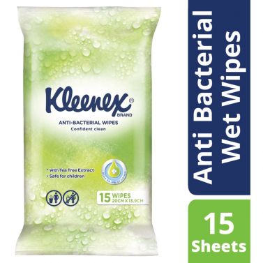 KLEENEX ANTI BACTERIAL WET WIPES / 20CM X 13.90CM / 15 SHEETS / PER PACK