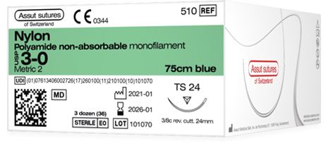 ASSUT NYLON 3/8 CIRCLE SUTURES / 19MM / 3-0 / 75CM / RC / BOX OF 36