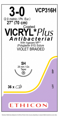 ETHICON COATED VICRYL® (POLYGLACTIN 910) SUTURE  / 26MM / 70CM / 1/2 CIRCLE TAPER / BOX OF 36