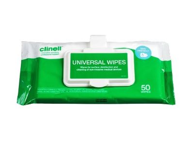 CLINELL UNIVERSAL SANITISING WIPES / CLIP PACK / PACK OF 50 / GREEN